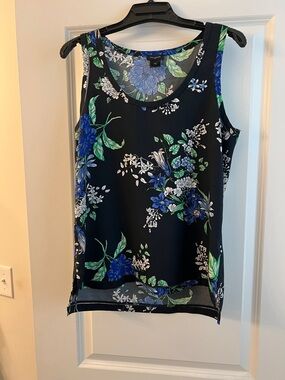 Ann Taylor Black Floral Scoop Neck Tank with Blue & Green Blooms
